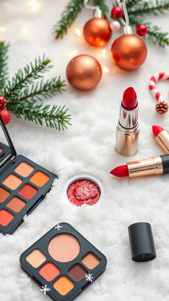 Christmas makeup setup with eyeshadow palette, red lipstick, and festive decorations.